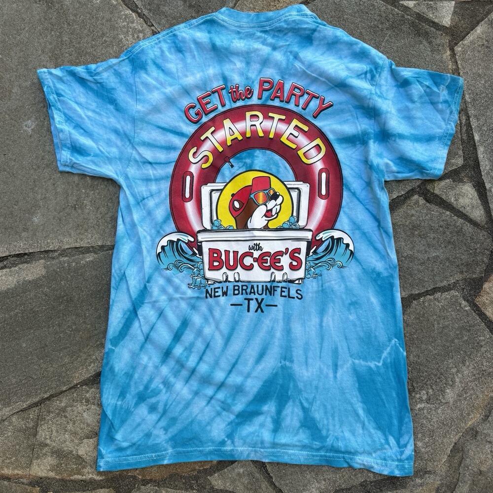 Bucees Shirt Medium Adult Blue Tie Dye Get the Party Started Texas Wave Beaver - Picture 2 of 9